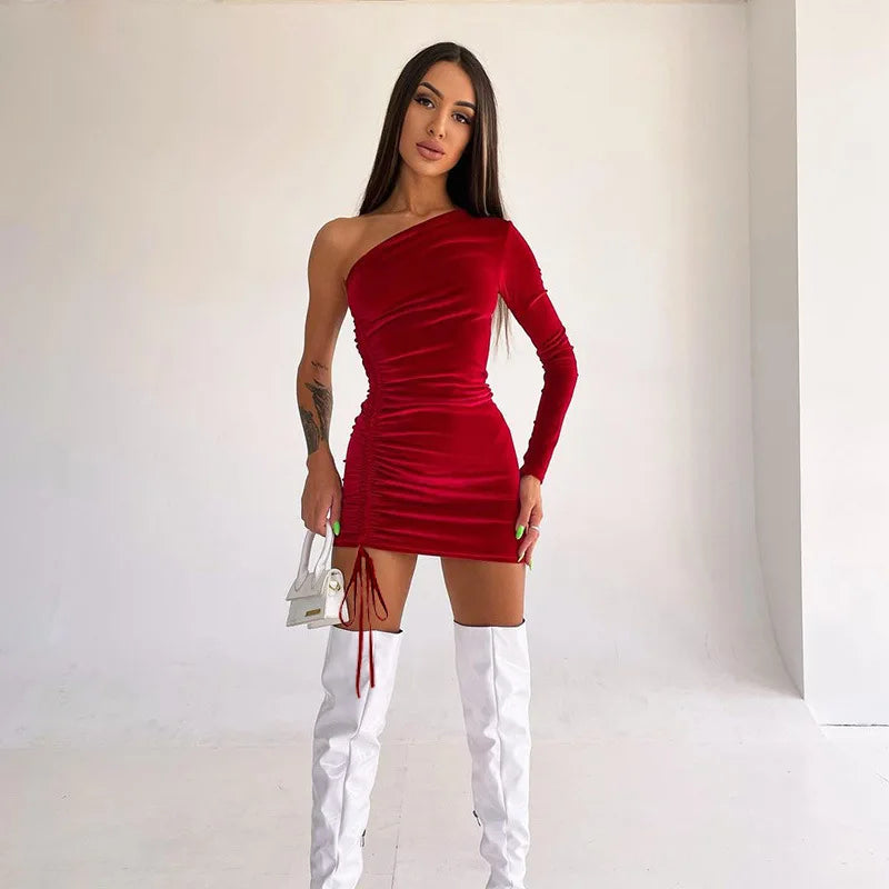 2025 New Plus Size 9XL 8XL 7XL One Shoulder Velvet Lace Up Party Bodycon Women Dresses Vestidos XXXXXL SS69