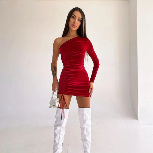 2025 New Plus Size 9XL 8XL 7XL One Shoulder Velvet Lace Up Party Bodycon Women Dresses Vestidos XXXXXL SS69