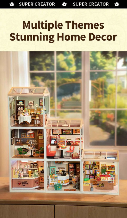 Robotime Rolife Super Creator Series Plastic Dollhouse Building Blocks for Kids Yum Burgers Leisurely Cheers Bar Sweet Sips Tea