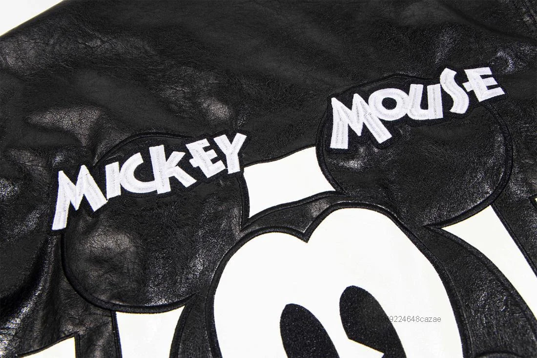 Disney American Cartoon Mickey Embroidery Leather Jacket Men Women Autumn Winter Loose Casual Jacket Fashion Trend Couples Coat SS69