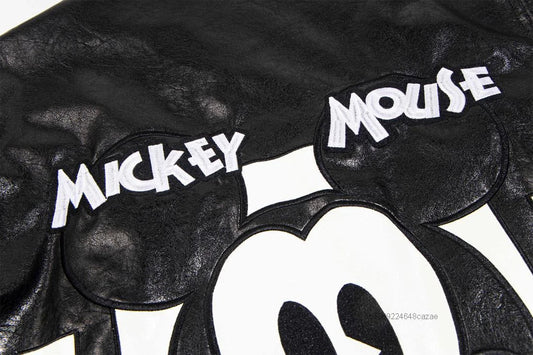 Disney American Cartoon Mickey Embroidery Leather Jacket Men Women Autumn Winter Loose Casual Jacket Fashion Trend Couples Coat SS69