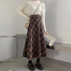 Elegant High Waist Retro Plaid Skirt Winter Autumu Classical High Waist Long Skirt Slim Fit Preppy Style A-line Half Dress Party