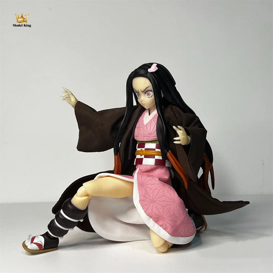 Handmade 1/12 Classic Anime Character Kamado Nezuko Coffee Colored Kimono Pink Skirt Set Fit shf Action Figures Body Model SS69