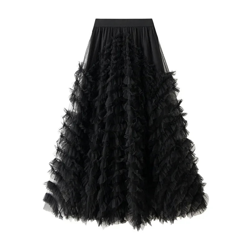Tiered Tulle Maxi Skirt - Elegant A-Line High Waist Mesh