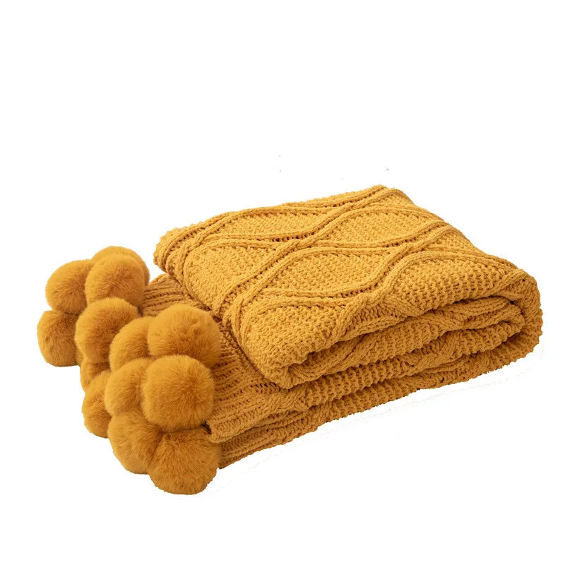 SS69 Chunky Chenille Knit Throw Blanket with Pom Poms, 130x170cm