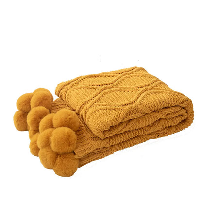 Luxury Chunky Knit Blanket with pom poms- Thick, Soft, Big, Cozy Throw Blankets for Couch, Bed, Sofa, Chair-130×170CM