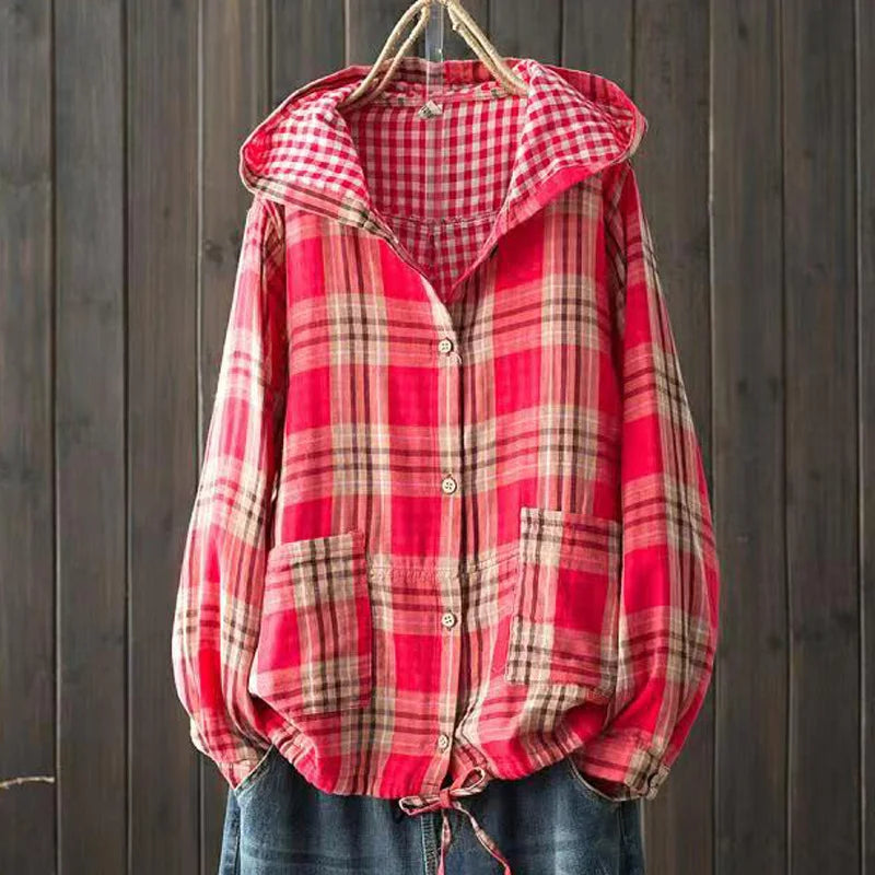 Large size blouses for women autumn spring hooded long sleeve single-breasted plaid shirts oversized shirt top female hoodies