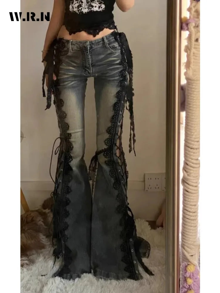 Retro Eyelets Lace Up Flare Jeans Stitch Lace Whiskers Low Rise Split Bootcut Pants Women Bell Bottoms Streetwear Y2k Aesthetic SS69