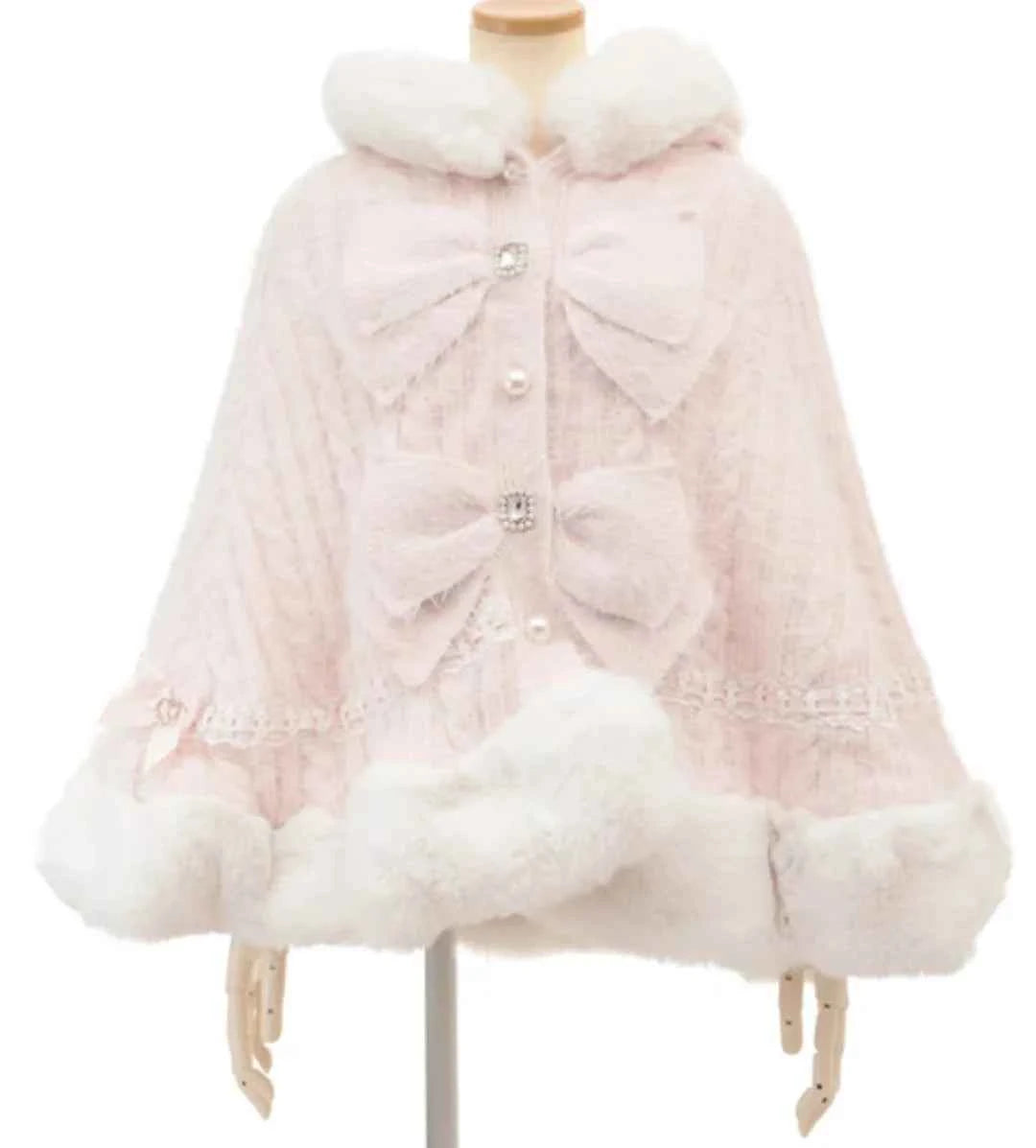 Liz Japanese Sweet Princess Faux Rabbit Fur Cape Coat Autumn Winter Girl Women Fur Jacket Clock Rhinestone Bow Hooded Coat
