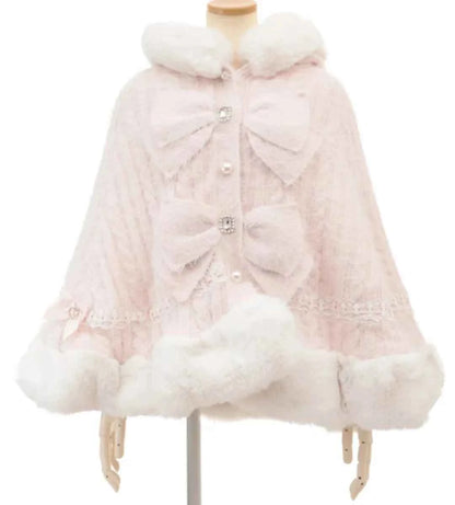 Liz Japanese Sweet Princess Faux Rabbit Fur Cape Coat Autumn Winter Girl Women Fur Jacket Clock Rhinestone Bow Hooded Coat
