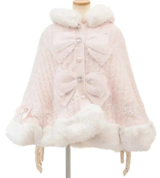 Liz Japanese Sweet Princess Faux Rabbit Fur Cape Coat Autumn Winter Girl Women Fur Jacket Clock Rhinestone Bow Hooded Coat