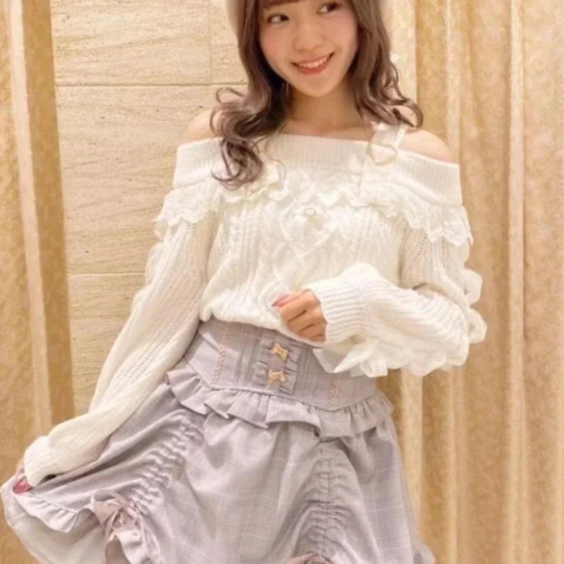 Sweet Lolita Knit Pullover with Lace Ruffles & Bows
