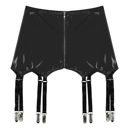 Womens Garters Suspender Belt Skirts Ladies Wet Look Mini Skirts Leather Garters with Metal Clips Clubwear Costume Underwear