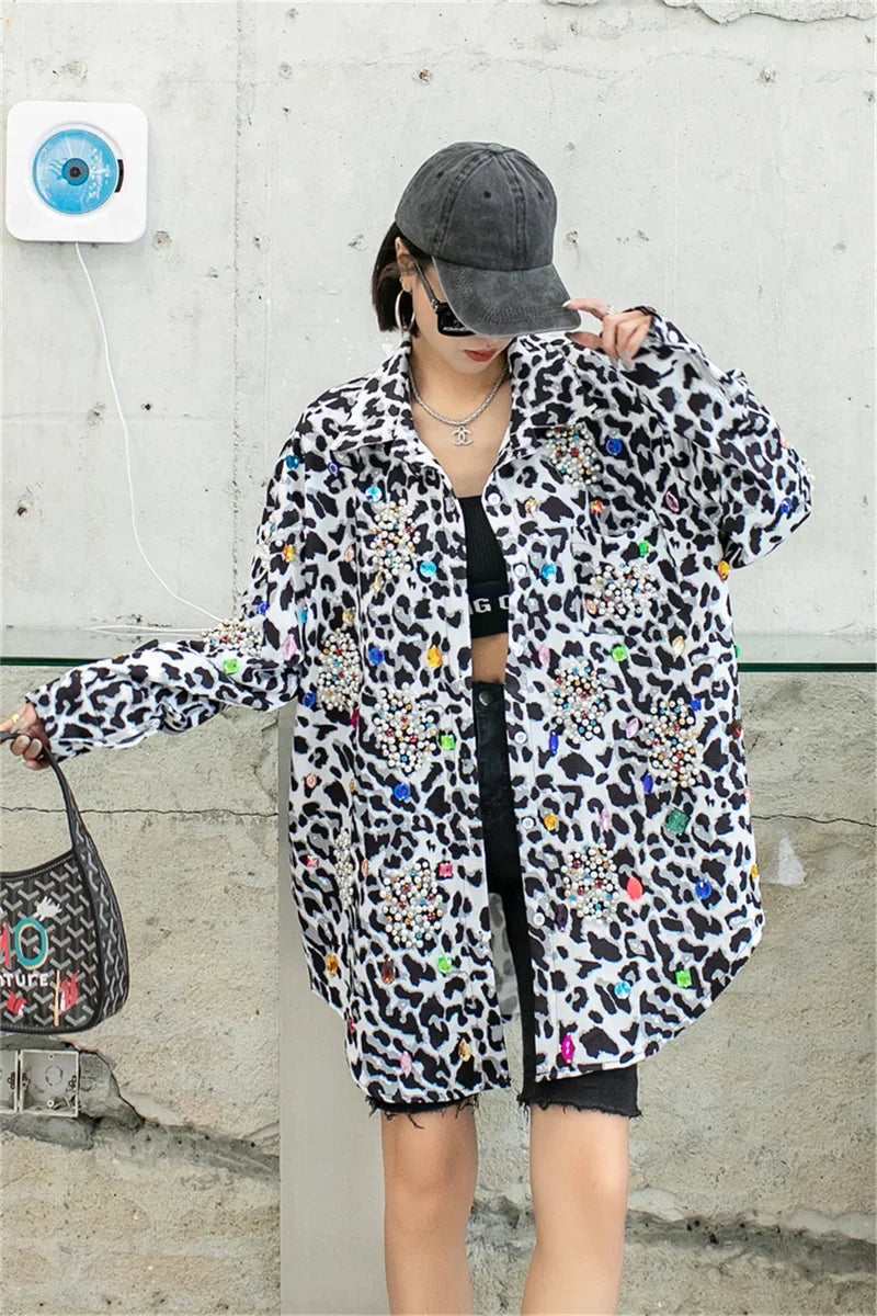 Harajuku Vintage Pearl Beaded Diamonds Leopard Print Women Thin Shirt Jacket Loose Casual Lapel Long Sleeve Female Jacket Coat SS69
