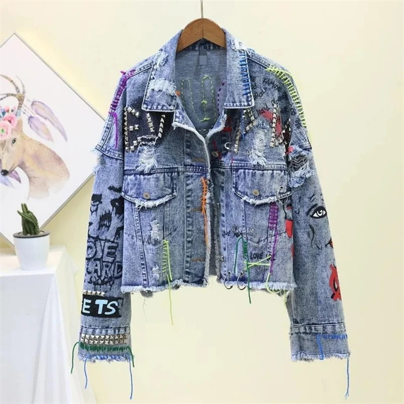 Spring Autumn Rivet Beaded Line Tassel Letter Graffiti Print Women Denim Jacket 2026 Casual Hole Denim Jacket Veste Femme