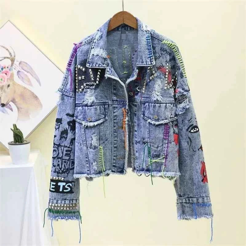 Spring Autumn Rivet Beaded Line Tassel Letter Graffiti Print Women Denim Jacket 2026 Casual Hole Denim Jacket Veste Femme