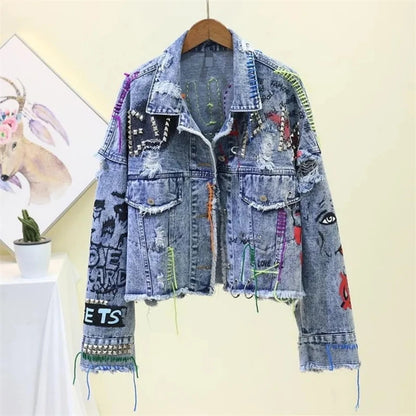 Spring Autumn Rivet Beaded Line Tassel Letter Graffiti Print Women Denim Jacket 2026 Casual Hole Denim Jacket Veste Femme