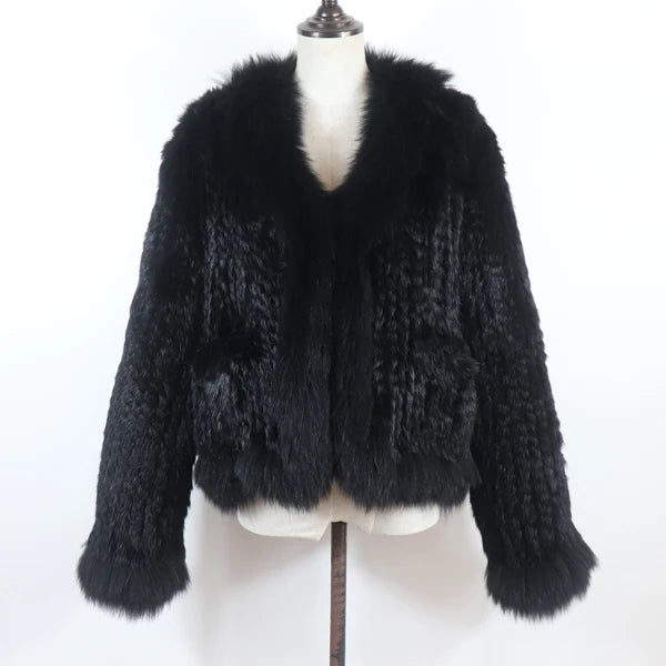 New Women Autumn Winter Knitted Real Rabbit Fur Coat 100% Natural Rabbit Fur Jacket With Fox Fur Collar Overcoat For Female