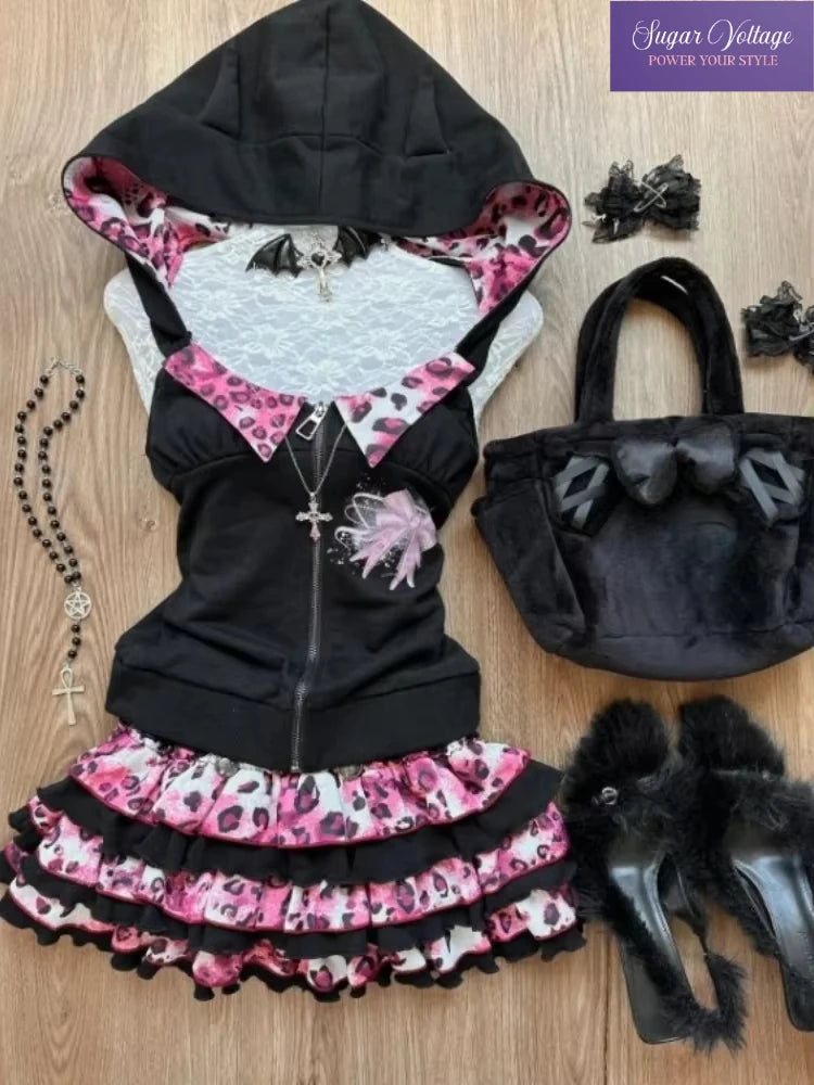 Japanese Sweet Bow Slim Lolita Zipper Hoodie Tops Women+ High Waist Leopard Print Patchwork Cake Skirts Y2K Skirt 2 Piece Sets SS69