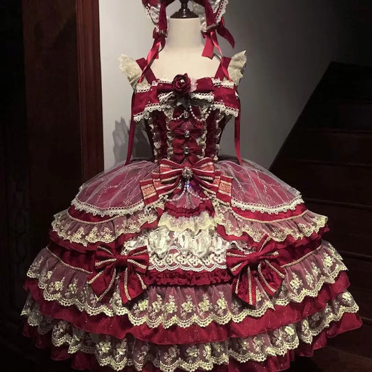 Victorian Gothic Dress Women Luxury Elegant Lolita Lace Ruffles Bow Wedding Y2k Dress Japanese Vintage Princess Party Dresses SS69 95.69 Red / L