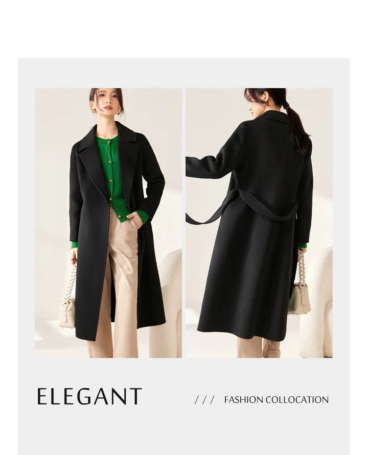 SENTUBILA Women's 100% Wool Long Wrap Coat with Belted Waist