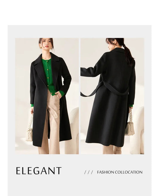 SENTUBILA Women 100% Wool Long Wrap Coat 2026 Elegant Notched Collar Belted Warm Double Faced Woolen Winter Overcoat W24O43352