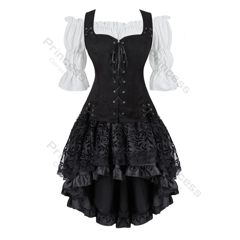 Brown Pirate Dress Plus Size Faxu Leather Steampunk Corset Dress with Shoulder Off Blouse Cosplay Pirate Costume for Women SS69