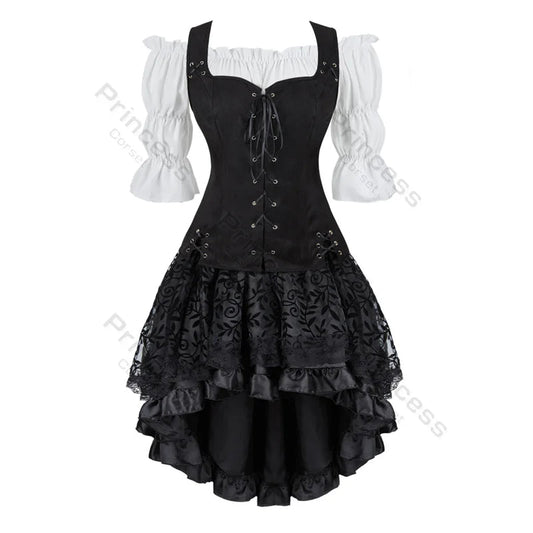 Brown Pirate Dress Plus Size Faxu Leather Steampunk Corset Dress with Shoulder Off Blouse Cosplay Pirate Costume for Women SS69