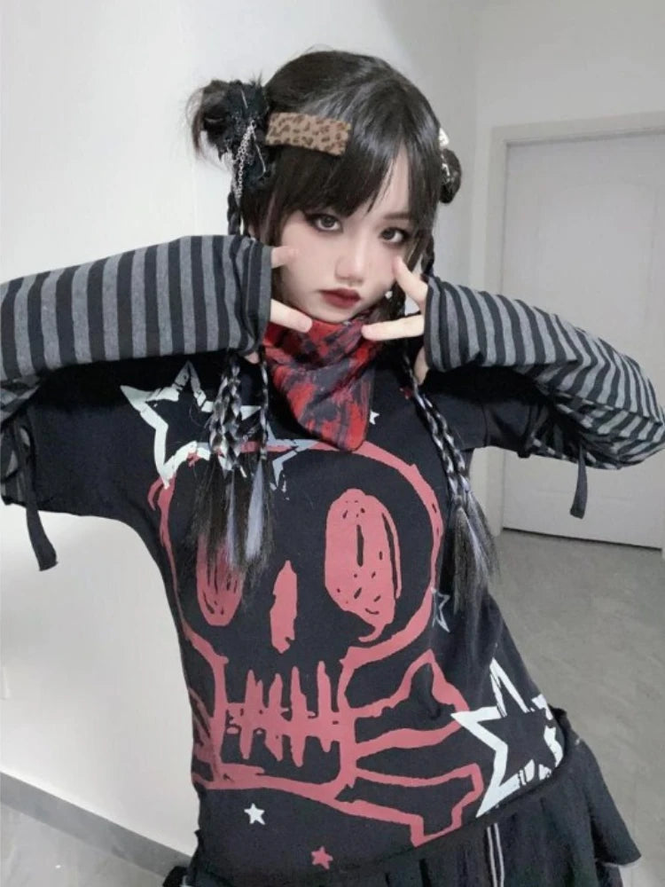 Oversized T Shirt Women's Clothing Chic Fake Two Tees 2025 Ropa Mujer Anime Punk Camisetas Skull Y2k Tops Casual Fashion T-shirt SS69