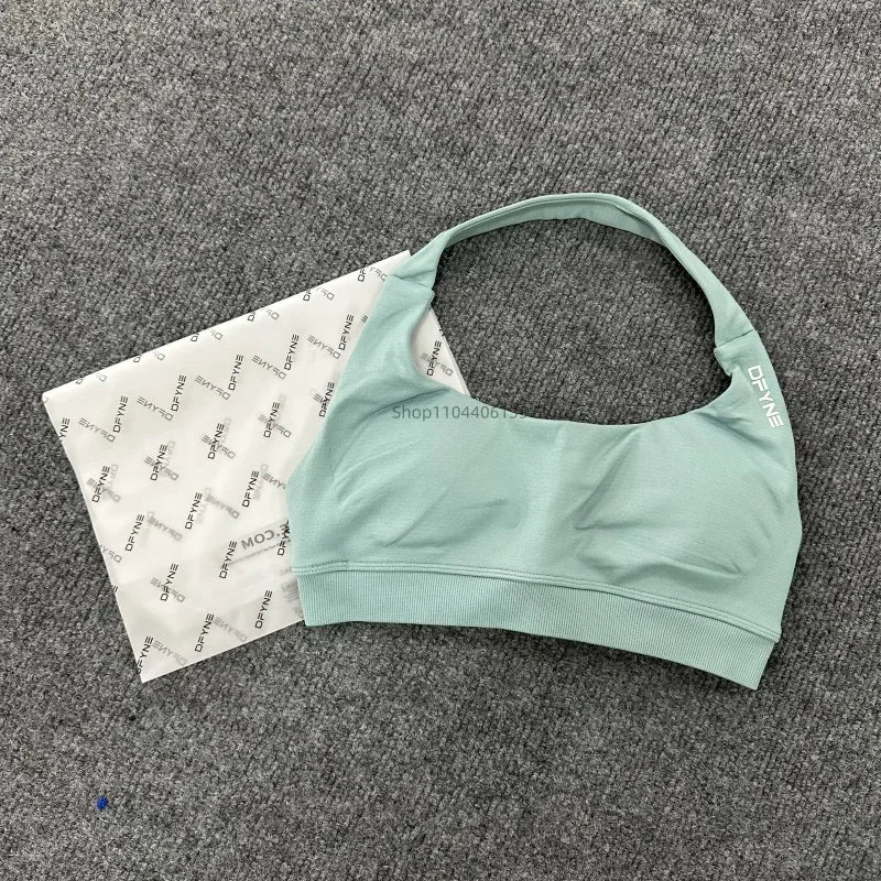 Dfyne Impact Sports Bra Women Seamless Halter Neck Strap Bras with Logo Padded Open Back Yoga Bra Medium Support Gym Crop Top SS69