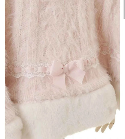 Japanese Sweet Soft Thick Women's Double-Layer Big Ribbon Hooded Knitted Cloak 3 Colors Autumn and Winter Ponchos Warm Jacket