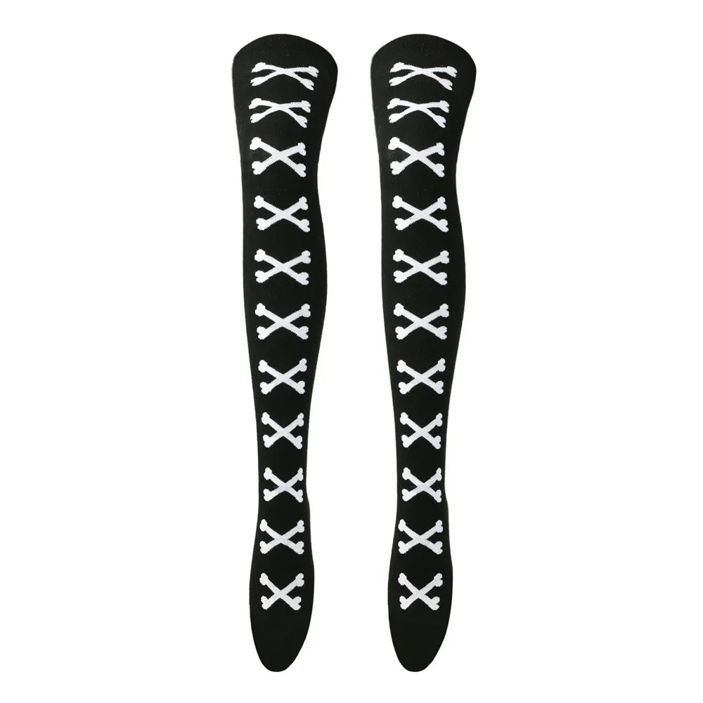 SS69 Women's Bone Print Thigh High Socks - Cotton Blend Cosplay Stockings