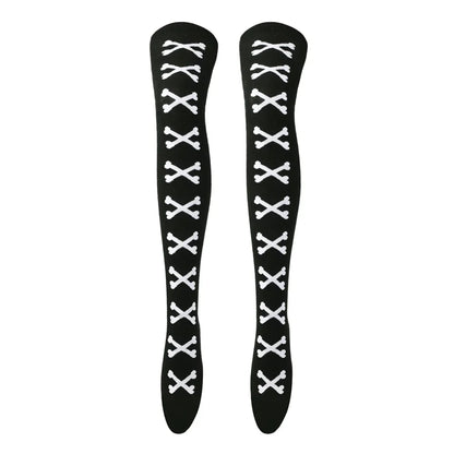 SS69 Women's Bone Print Thigh High Socks - Cotton Blend Cosplay Stockings