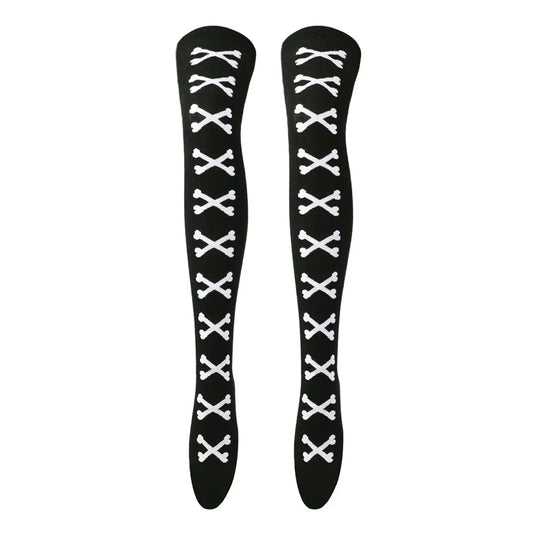 SS69 Women's Bone Print Thigh High Socks - Cotton Blend Cosplay Stockings