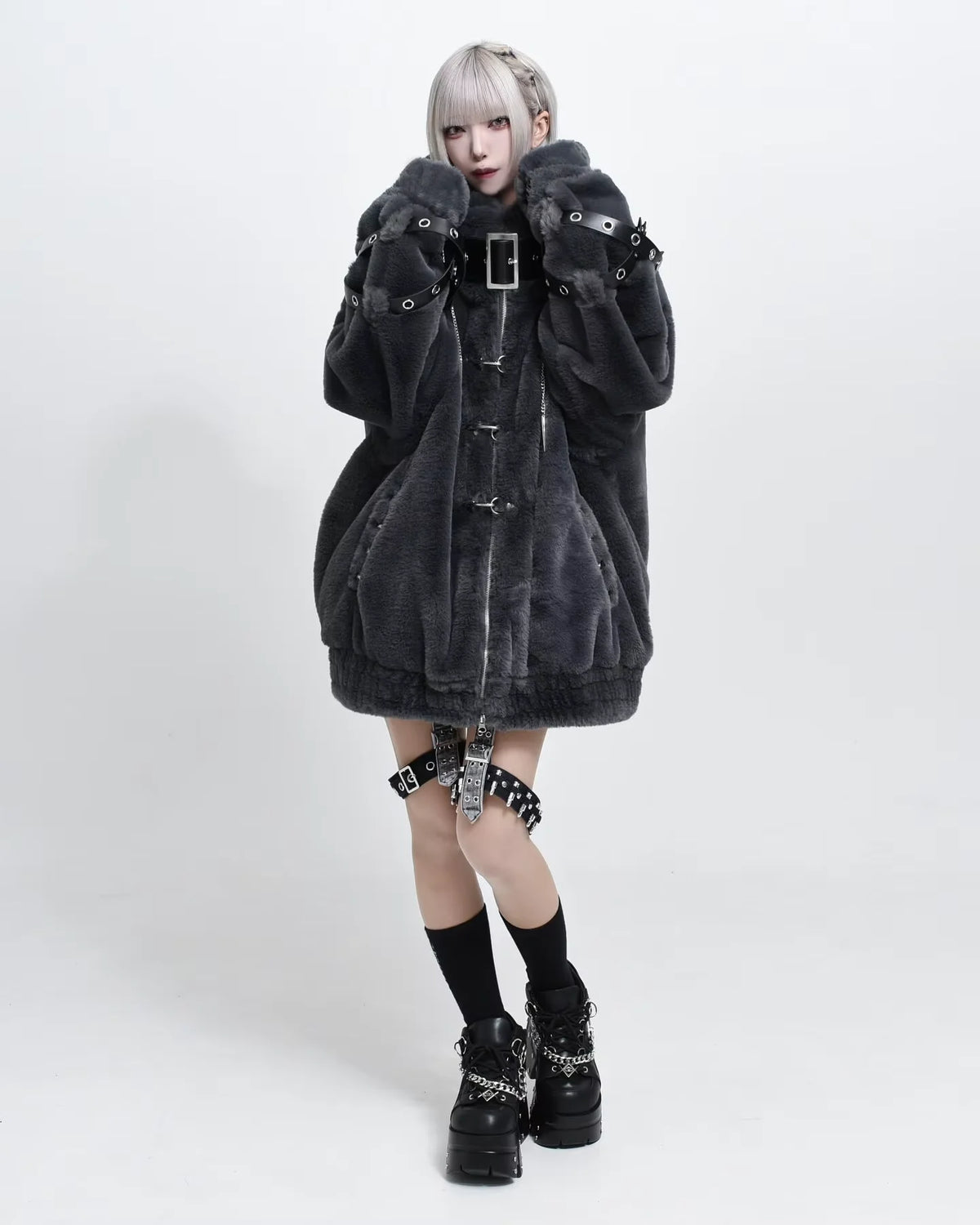 Lautaro Autumn Winter Thick Warm Faux Fur Coat Women with Hood Zipper Luxury Japanese Style Punk Harajuku Fluffy Jacket 2026