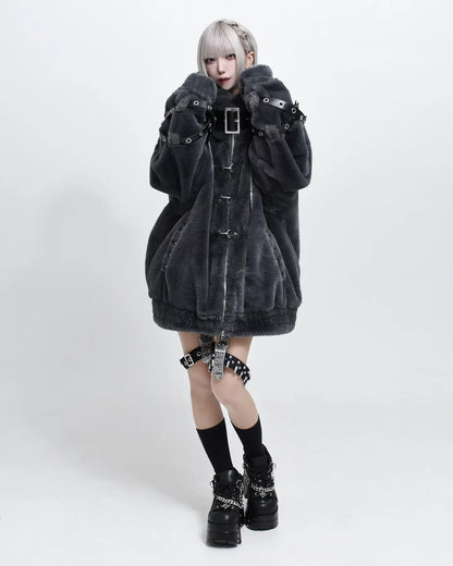 Lautaro Autumn Winter Thick Warm Faux Fur Coat Women with Hood Zipper Luxury Japanese Style Punk Harajuku Fluffy Jacket 2026