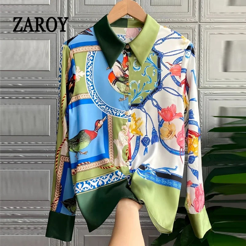 Camisas Newest Exclusive Women Luxury Shirt Long Sleeve Lapel Satin Shirt Old Money Print Brand Design Shirt OL Blouse руба