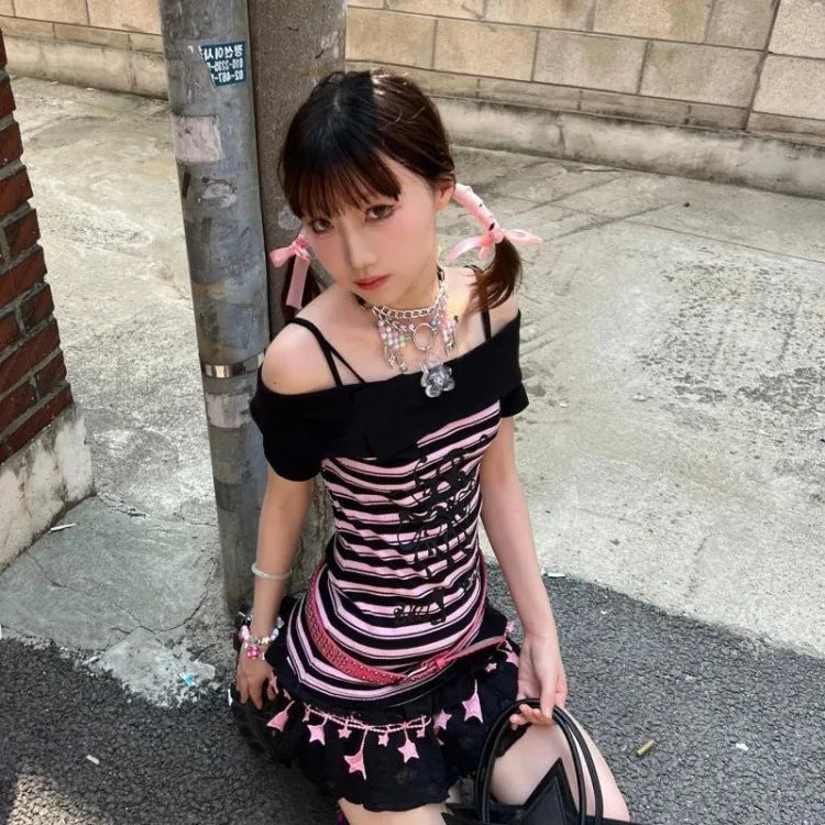 Slash Neck Black Pink Striped T-shirts 2025 Summer New Slim Waist Tops Women Y2k Grunge Off Shoulder Short Sleeve Tee Shirt SS69 21.69 Black Pink Striped / XL