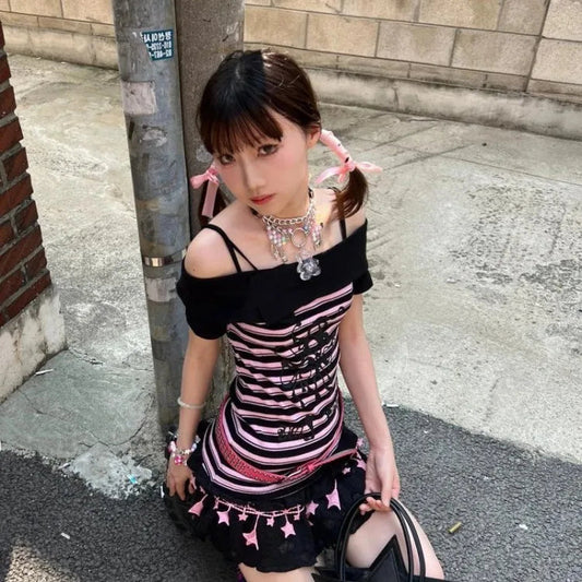 Slash Neck Black Pink Striped T-shirts 2025 Summer New Slim Waist Tops Women Y2k Grunge Off Shoulder Short Sleeve Tee Shirt SS69 21.69 Black Pink Striped / XL