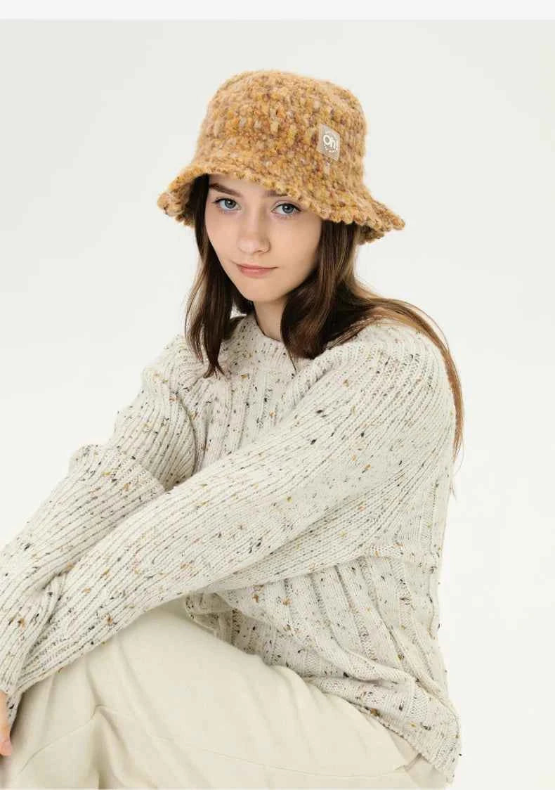 OhSunny Autumn Winter Wavy Brim Bucket Hats,Rainbow Cute Thermal Caps Women's Outdoor Warm Hand-knitted Fisherman Caps Packable