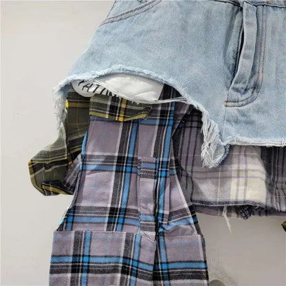 DEAT Women's Denim Skirt Colored Plaid Patchwork Irregular Deconstructed A-line High Waist Mini Skirt 2025 Summer New Fashion SS69