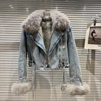 Winter Women Denim Coat Jacket Fox Collar Short  Warm High Street Outerwear Thicken Coat High Quality Luxury Design Party Wear