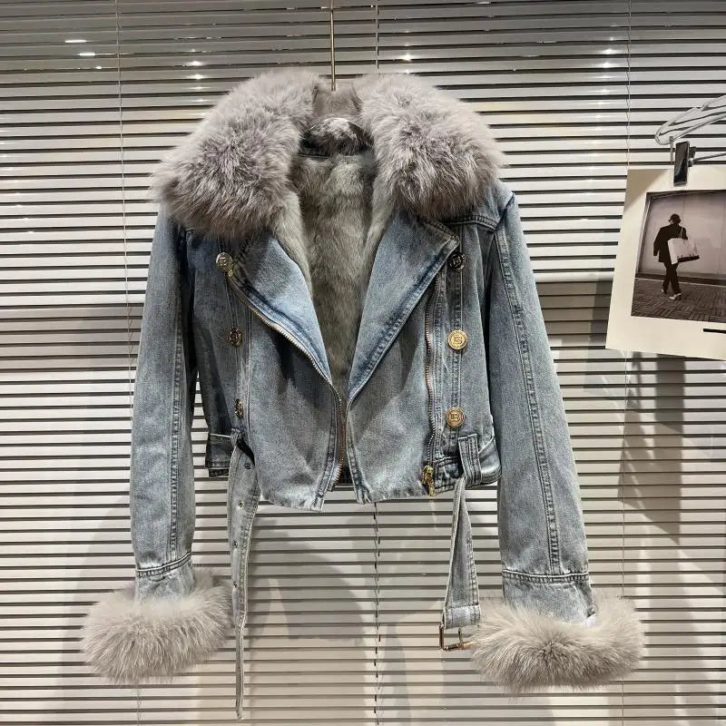 Winter Women Denim Coat Jacket Fox Collar Short  Warm High Street Outerwear Thicken Coat High Quality Luxury Design Party Wear