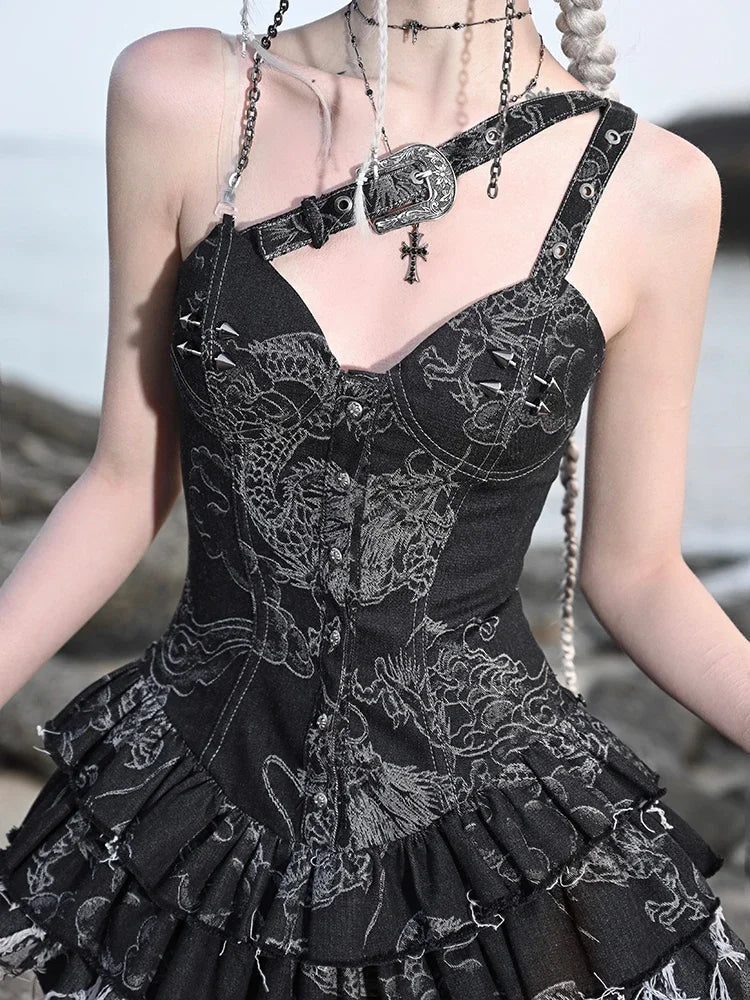 Blood Supply Original Punk Aesthetic dress hot girl Dragon Pattern Denim Sexy Slim Fit Dress Summer Halter Ruffles Short Dresses SS69