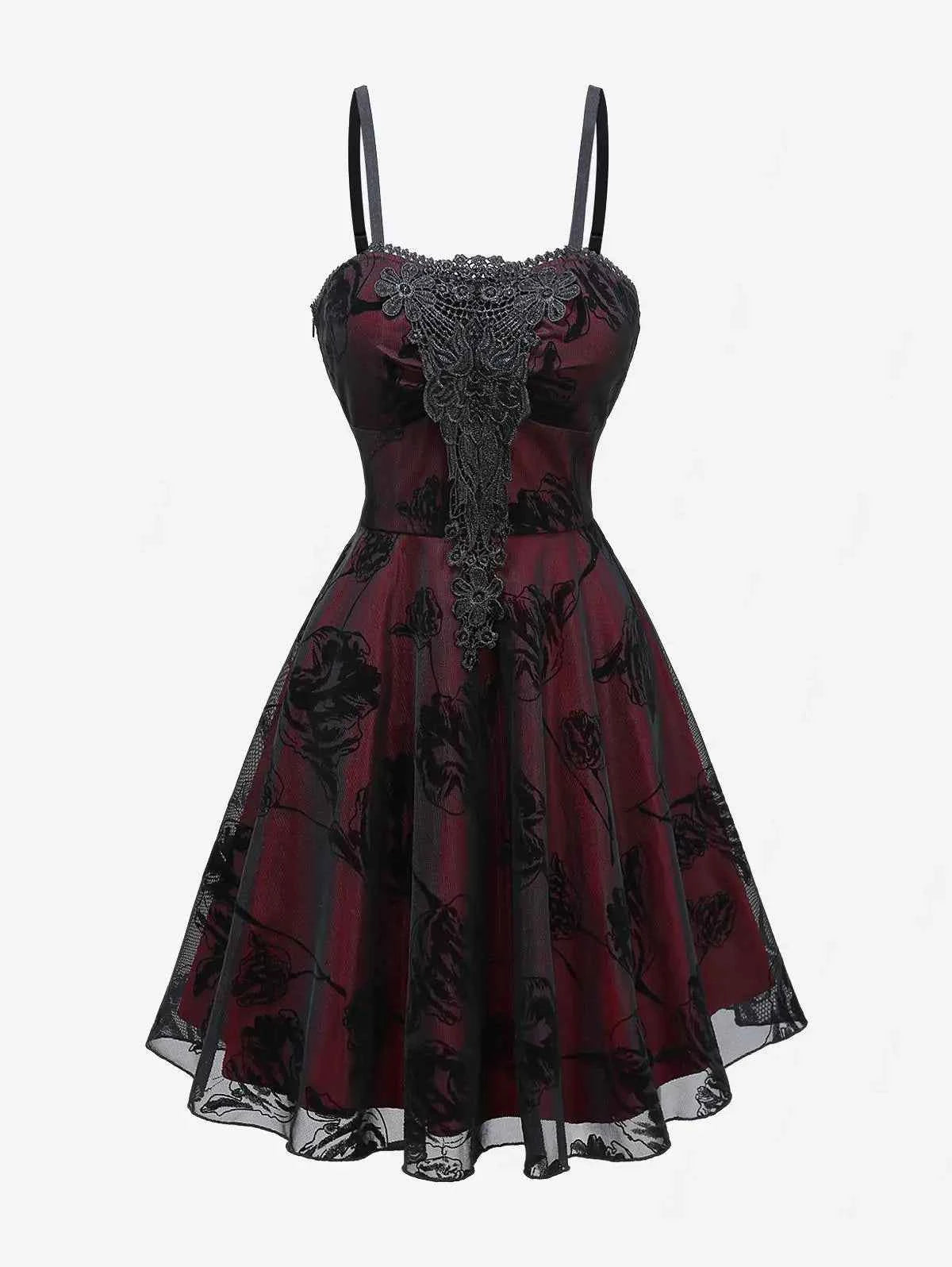 ROSEGAL Women Gothic Dress Vintage Mesh Flocking Applique Layered A Line Cami Dress Sleeveless Punk Goth Party Cocktail Dresses