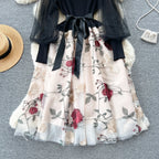 SINGREINY Senior Knitted Patchwork Dress Long Lantern Sleeves Bow Mesh Embroidery Floral Women Autumn France Elegant Party Dress