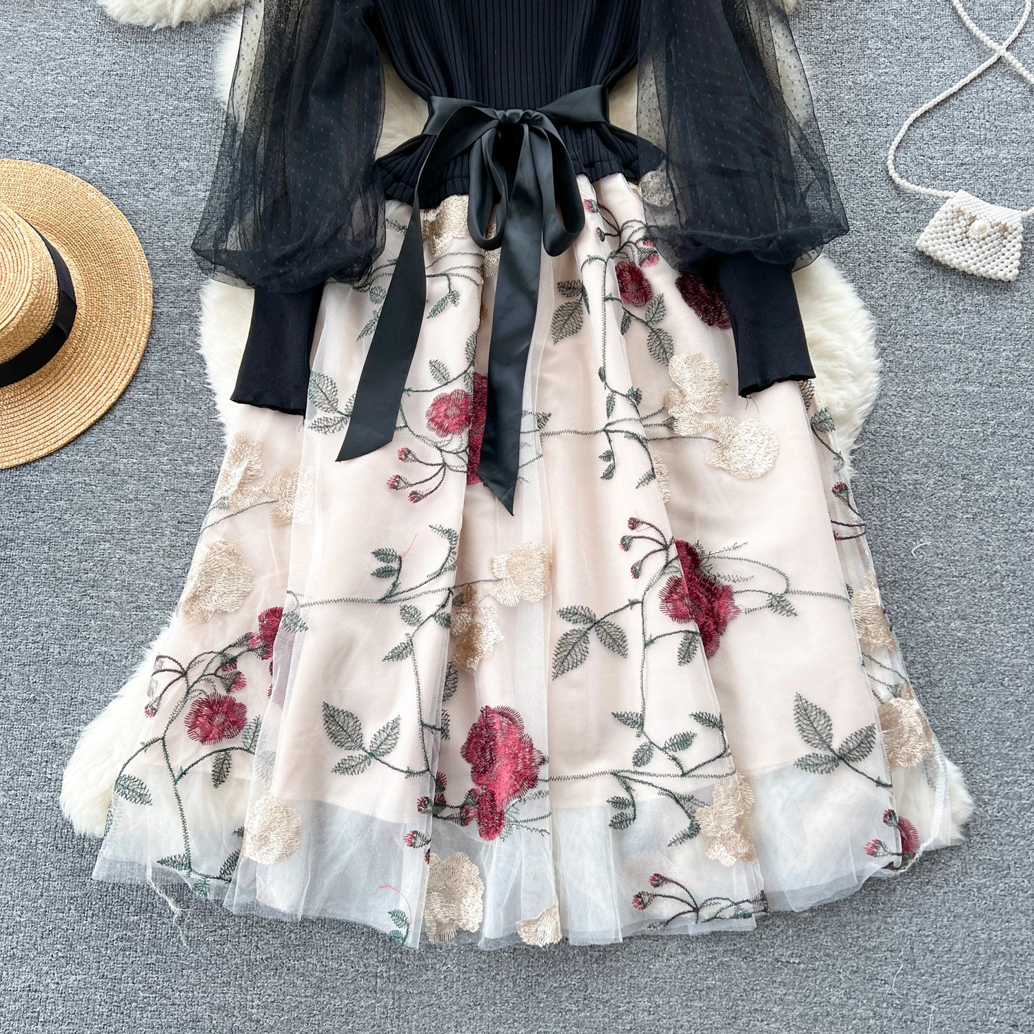 SINGREINY Senior Knitted Patchwork Dress Long Lantern Sleeves Bow Mesh Embroidery Floral Women Autumn France Elegant Party Dress