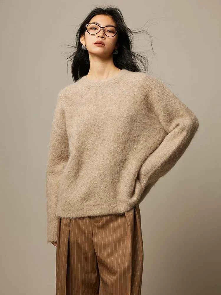 Warm Alpaca Pullovers for Woman, Dropped Sleeved Loose Sweaters, 2025 Fall Winter Top, Camel, Beige