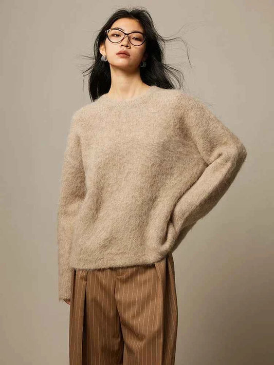 Warm Alpaca Pullovers for Woman, Dropped Sleeved Loose Sweaters, 2025 Fall Winter Top, Camel, Beige