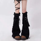 Harajuku Denim Black Leg Warmers with Cross Patchwork
